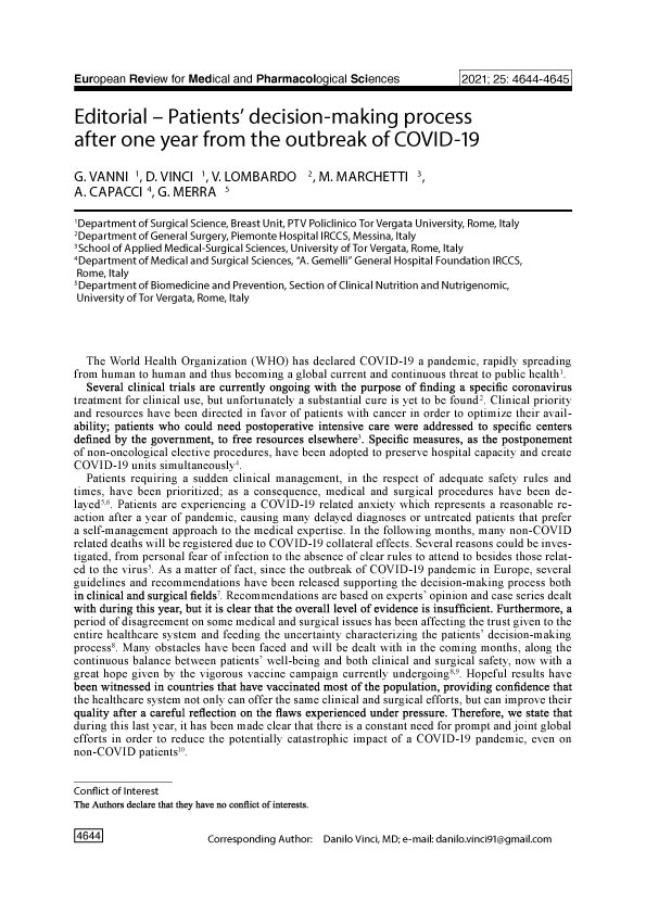 Editorial – Patients’ decision-making process after one year from the outbreak of COVID-19