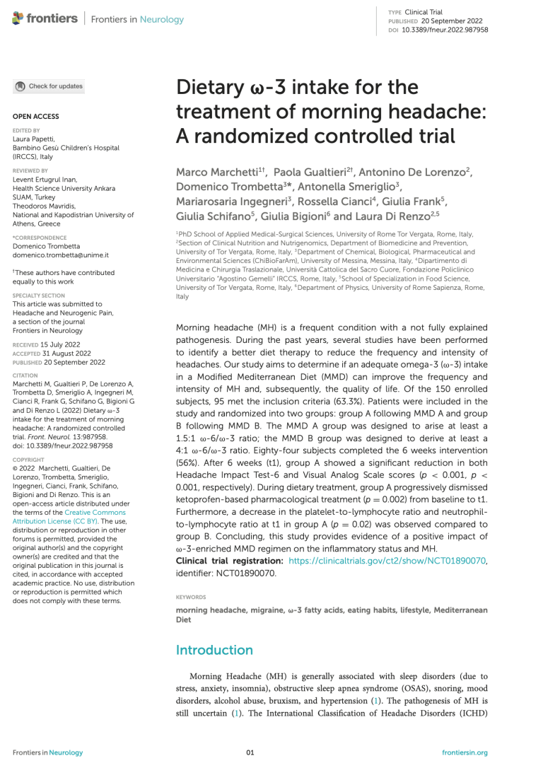 Dietary ω-3 intake for the treatment of morning headache: A randomized controlled trial