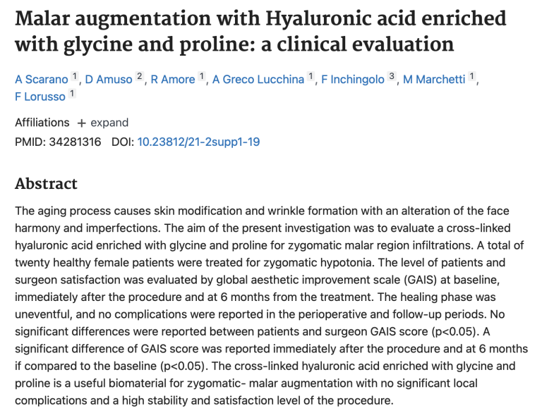 Malar augmentation with Hyaluronic acid enriched with glycine and proline: a clinical evaluation
