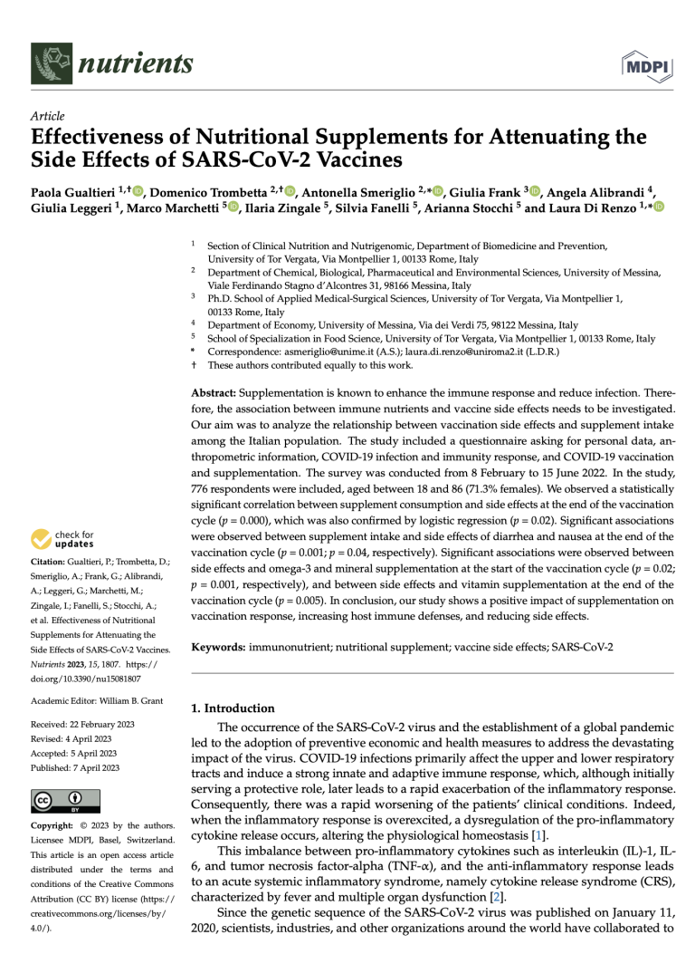 Effectiveness of Nutritional Supplements for Attenuating the Side Effects of SARS-CoV-2 Vaccines